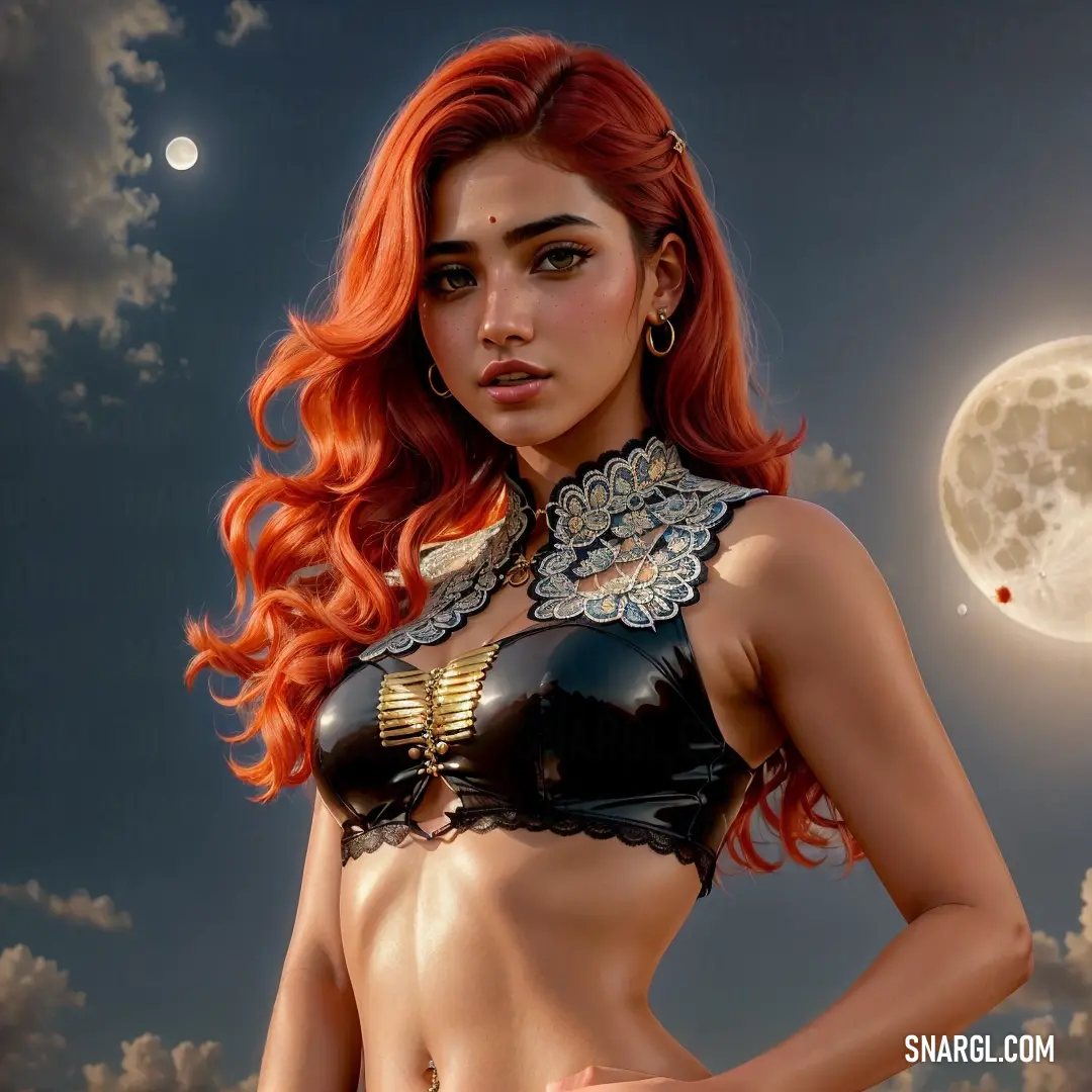 Woman with red hair wearing a black bra and a gold necklace and a moon in the background with clouds