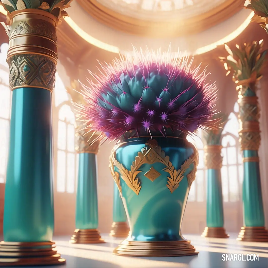 Sunset color. Blue vase with a purple flower in it on a table in front of a clock and columns