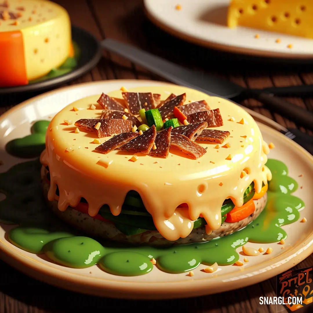 Cake with a flower decoration on top of it on a plate with green sauce on it and a fork