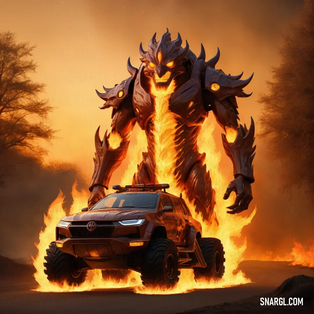 Car with a huge monster like body on fire in front of a fire - filled forest with trees. Color #FAD6A5.
