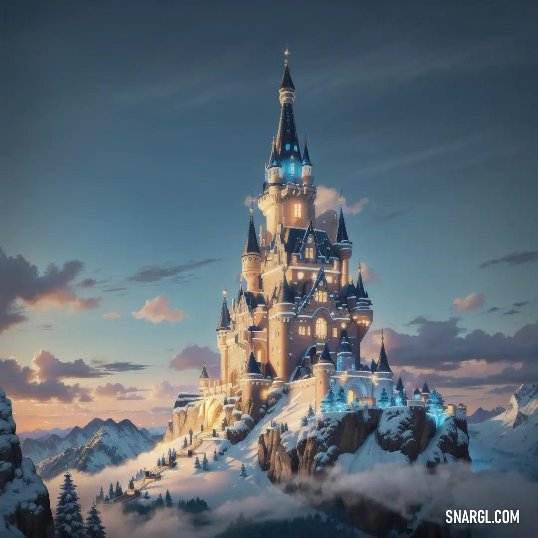 Castle in the sky with clouds and lights on it's sides and a mountain in the background