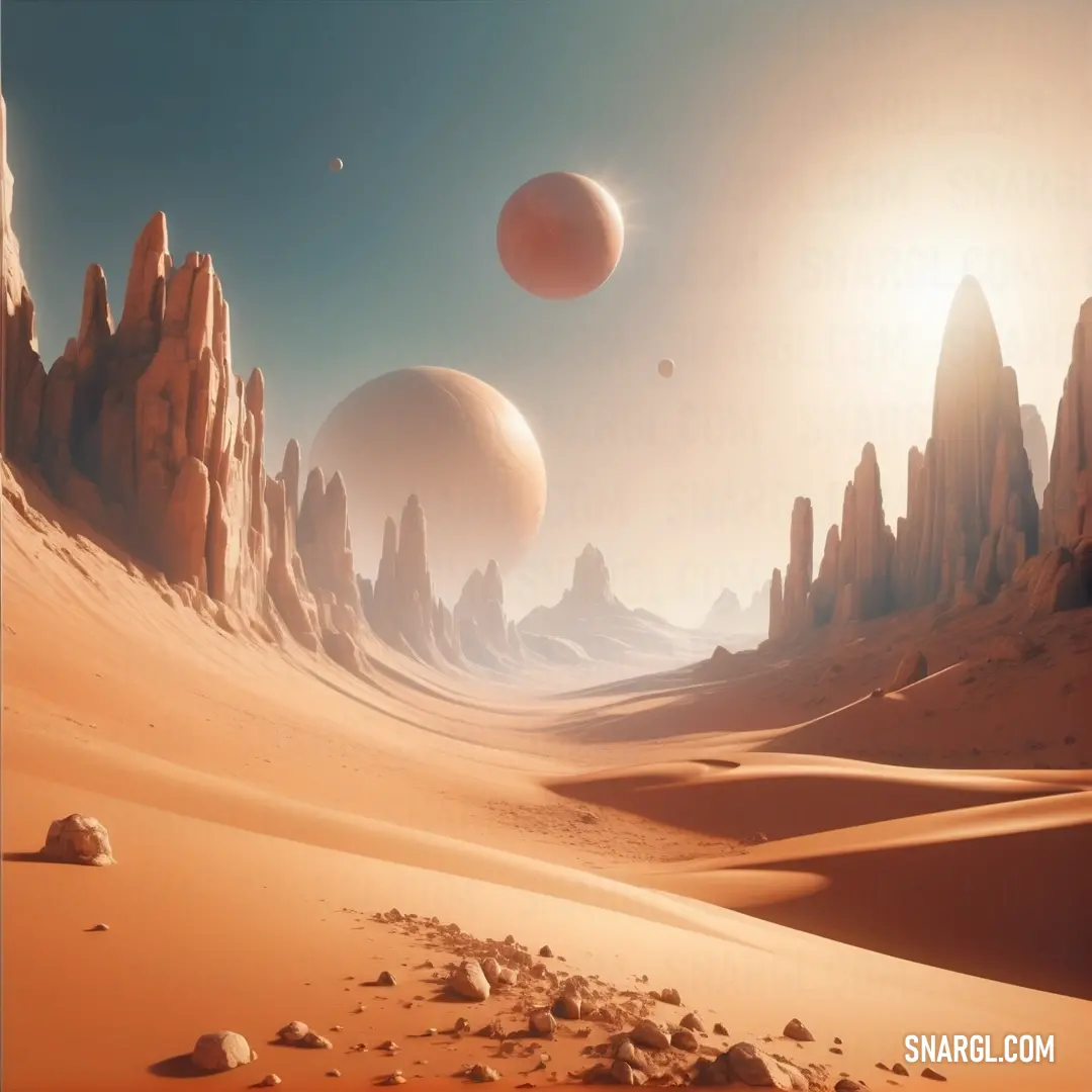 Desert with rocks and sand and a few planets in the sky above it. Example of Sunset color.