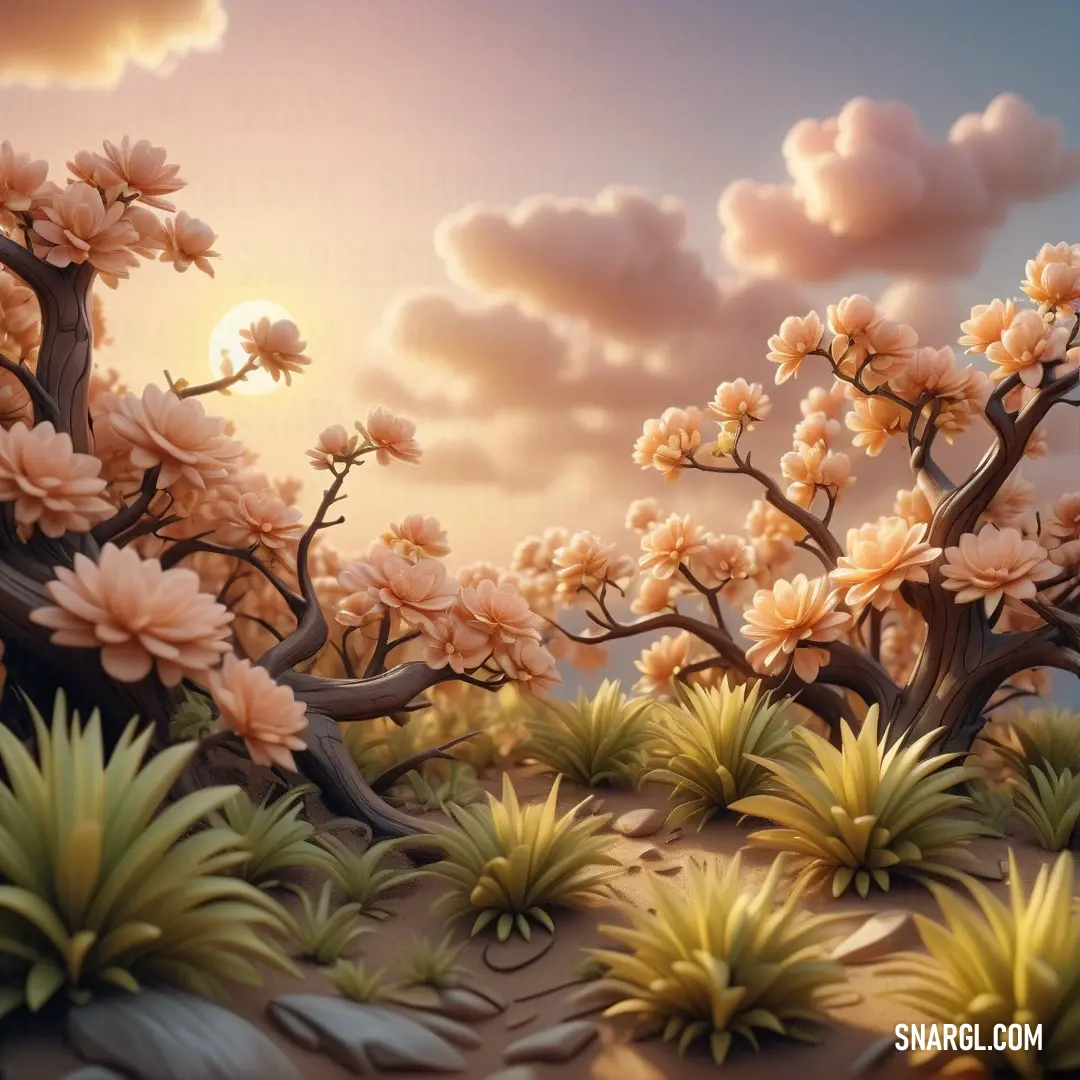 Painting of a desert with flowers and trees in the foreground. Color RGB 250,214,165.