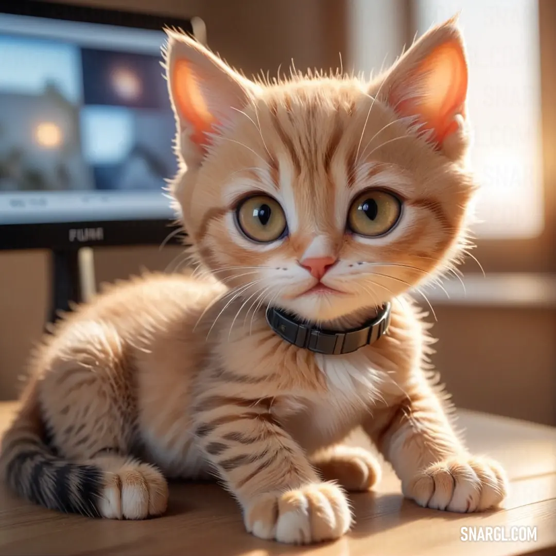Kitten on a desk with a computer monitor in the background. Example of Sunset color.