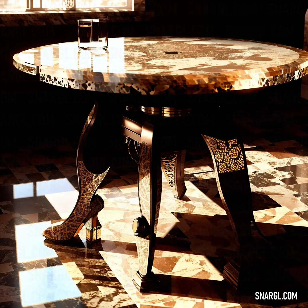 Table with a pair of high heeled shoes on it in a room with a checkered floor