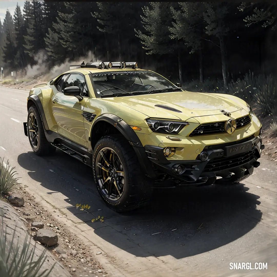 Yellow sports utility vehicle driving down a road in the woods with trees in the background and fog in the air