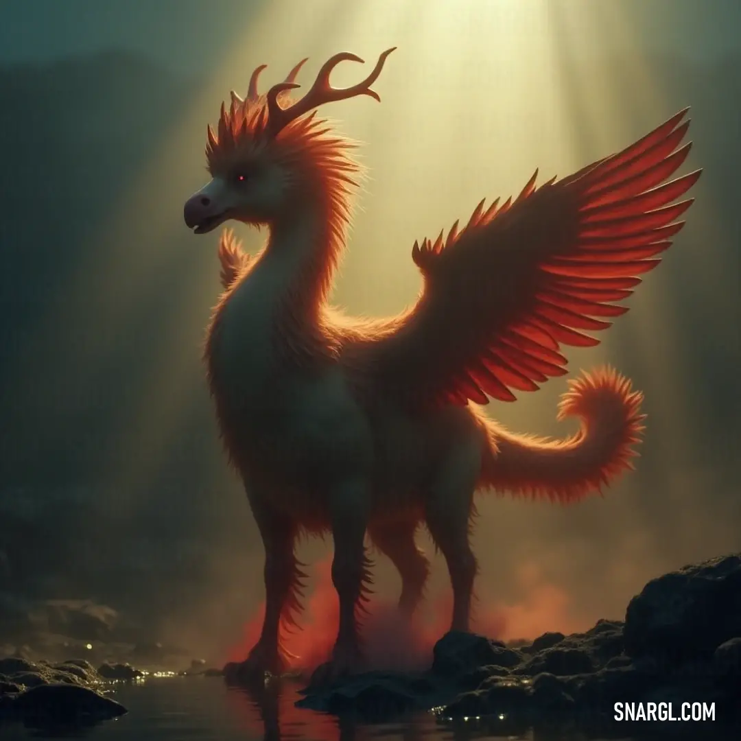 Red Sunshadow with wings standing in the water, bathed in a warm sunbeam against a tranquil backdrop. A Red Sunshadow, with bright red wings, stands knee-deep in water as a sunbeam filters through the clouds above. The creature's fiery color contrasts beautifully with the cool, reflective water, creating an ethereal and awe-inspiring scene.