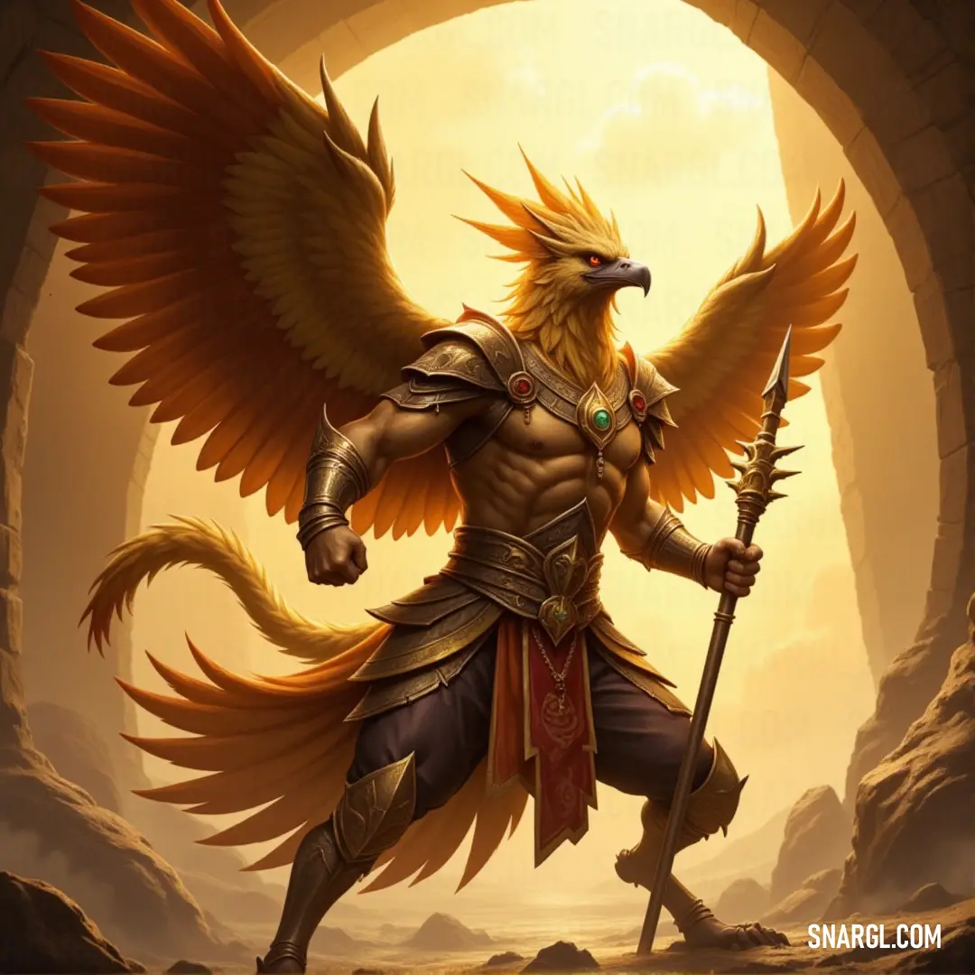 Sunstrike Garuda, wings spread wide, with a sword in hand and a bird perched on its arm, illuminated by the sun’s radiant glow. A majestic Sunstrike Garuda, adorned with vibrant wings, holds a gleaming sword in one hand while a delicate bird rests on its arm. Its wings stretch powerfully, exuding strength and grace under a glowing sunburst.