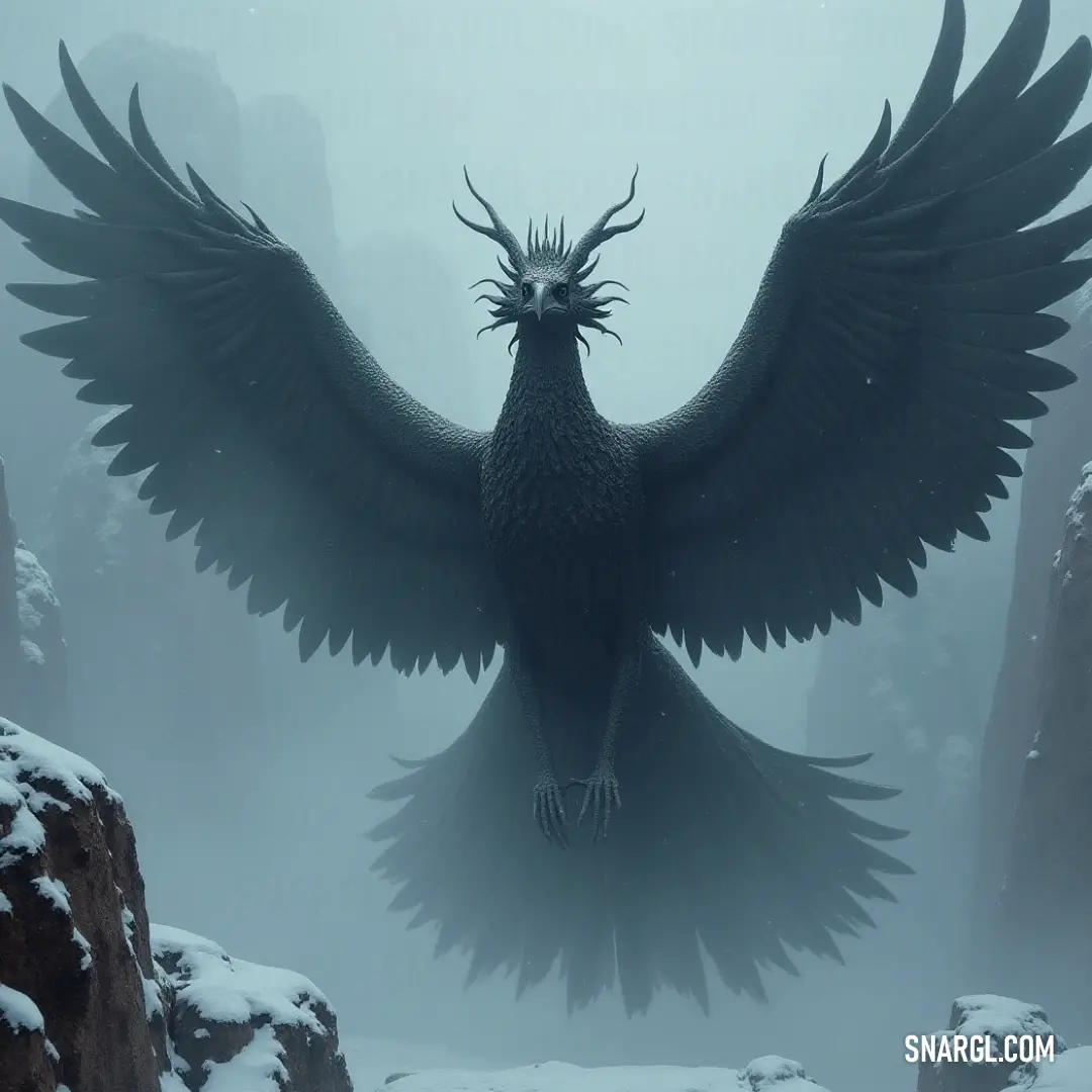 A majestic Sunwing with large wings spreads them wide against a snowy landscape, standing still in the quiet beauty of winter. A large Sunwing stands gracefully in the snow, its wings spread wide as it balances elegantly on the frozen ground, the crisp winter air all around.