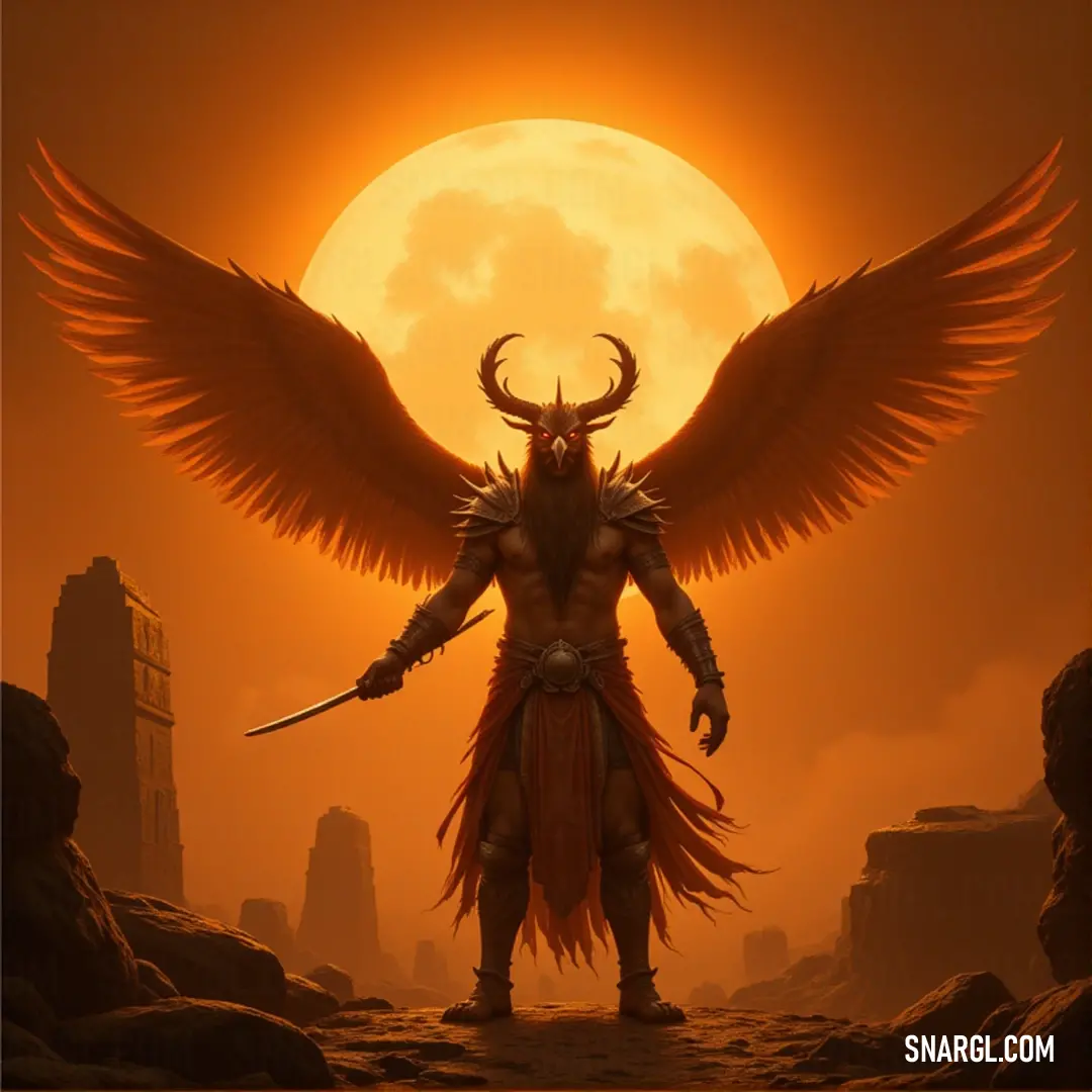 Suparna with mighty wings, holding a sword before a radiant sun, a figure of power and destiny. Suparna, with large wings spread wide, stands before a glowing sun. His sword gleams in his hand as he embraces his destiny as a warrior of light, the sun behind him symbolizing his power and unwavering resolve.