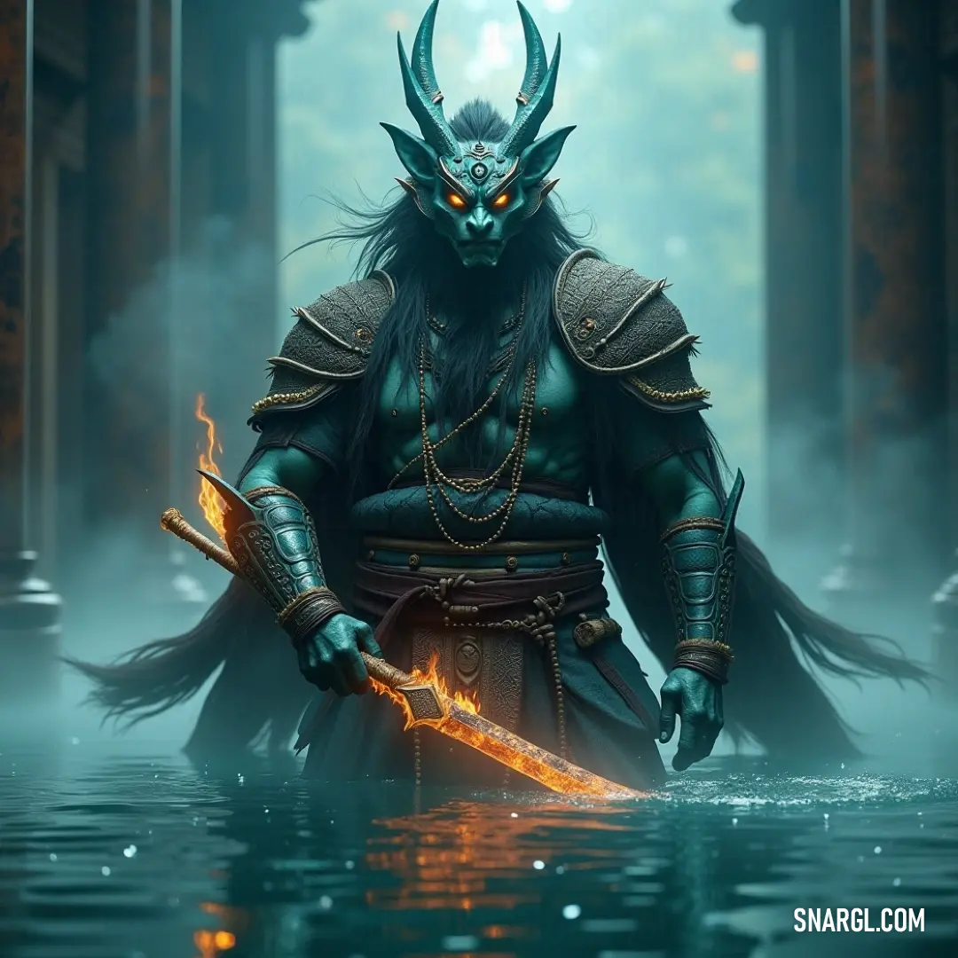 Susanoo, with horns and a sword, stands tall in a reflective body of water, with towering columns behind him, creating a powerful and mystic atmosphere. Susanoo, adorned with horns and holding a sword, stands in a body of water. Majestic columns rise in the background, as the scene exudes a sense of power and mystery, enhanced by the reflection of Susanoo in the water.