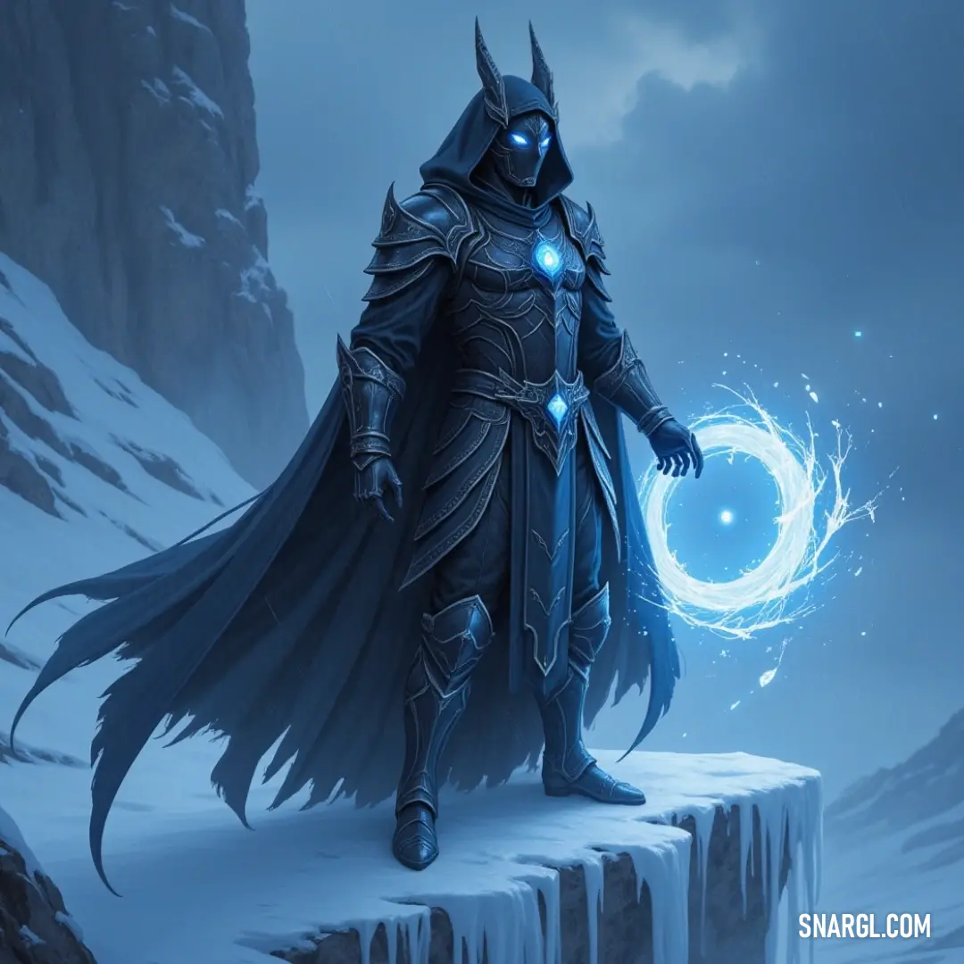 Susanoo, in a suit with a glowing orb, stands on a snow-covered cliff, exuding power and mystery against the icy landscape. Susanoo, dressed in a sharp suit, stands atop a snowy cliff, holding a glowing orb in one hand. The winter landscape and glowing light enhance his imposing presence, adding an air of mystery and power to the scene.