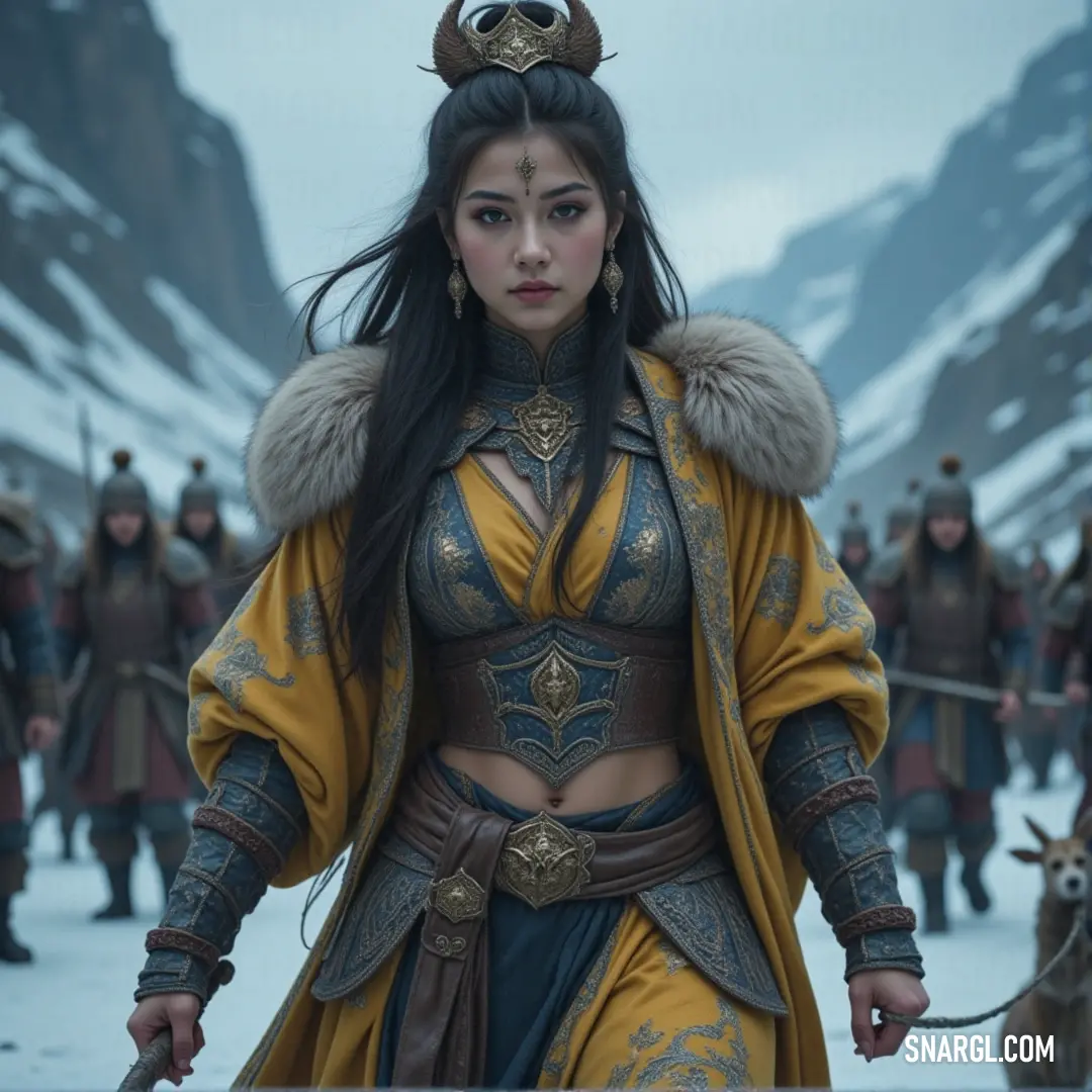 A confident woman with a horned headpiece, standing proudly with a dog and a group of people, radiating strength and leadership. A vibrant woman in yellow, wearing a horned headpiece, standing with a dog in front of a diverse group of people. Her powerful stance and the lively crowd behind her suggest she's a natural leader in this dynamic setting.