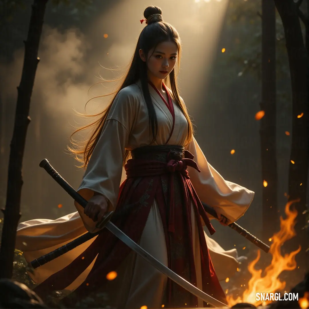 With fire raging behind her, Suzu stands strong in her kimono, her swords raised as she embraces the light shining upon her in a moment of heroic strength and clarity. Suzu, wearing a traditional kimono, stands in the forest with two swords drawn, a fiery backdrop illuminating her determined expression as a beam of light shines down upon her.