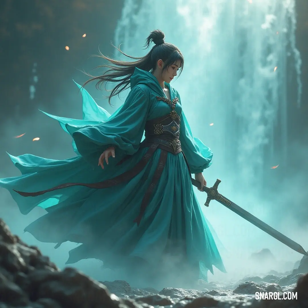 Suzuka in a blue dress, holding a sword in a cave with a cascading waterfall behind her, embodying strength and grace. Suzuka, dressed in a blue gown, stands strong in a cave with a powerful waterfall crashing behind her. The water's force mirrors her own strength, while the blue tones of her attire complement the natural beauty surrounding her.
