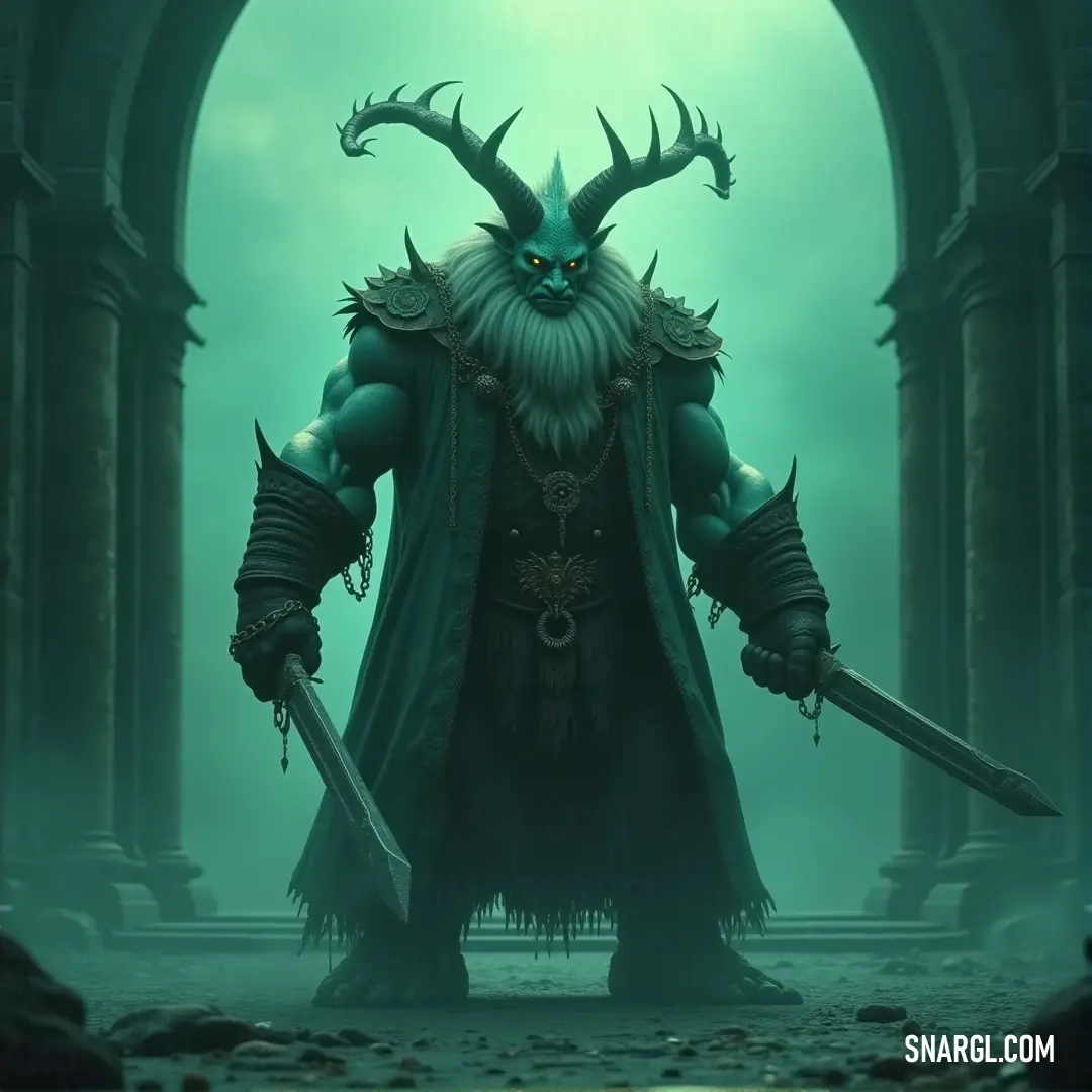 Svaðilfari, with a fierce appearance and two swords, stands before an ancient doorway, with grand columns that add to the grandeur of the scene. Svaðilfari, with his fierce horns and bushy beard, stands poised with two swords in front of a monumental doorway, flanked by towering columns, ready for whatever challenge lies ahead.