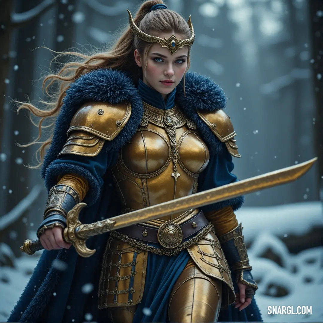 Svartálfaheimr, dressed in intricate golden armor, stands firmly in the snow, sword in hand, with a dense forest behind her. Snow gently falls, covering the ground as she stands ready for battle, a warrior amid the frozen landscape.