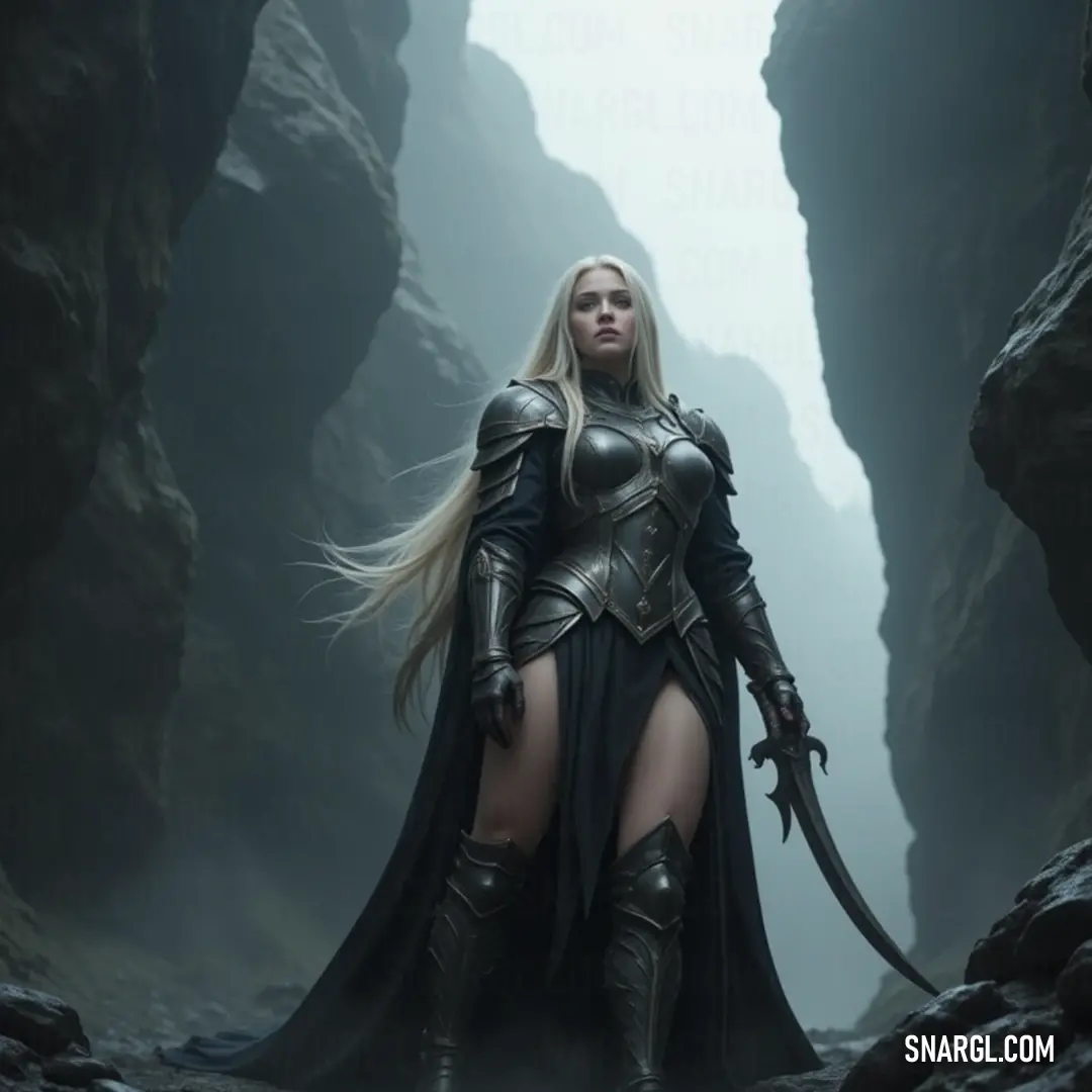 An empowering scene depicting a fierce swordswoman ready for battle, surrounded by the beauty of nature's raw elements within a cave. A formidable warrior clad in a dark outfit wields a sword, poised in a shadowy cave with splashes of water and rugged rocks emphasizing her fierce presence and strength.