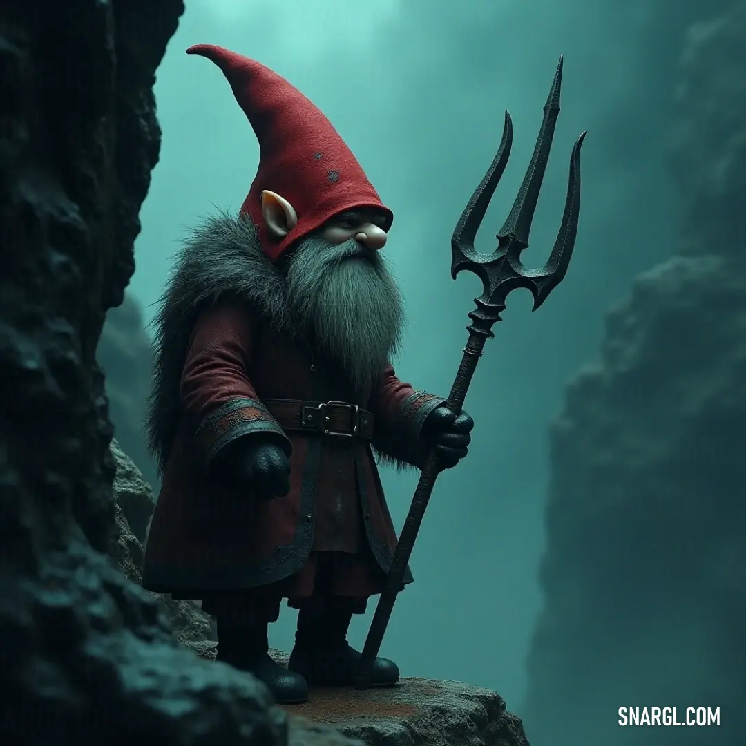 Sven Tomte with a flowing beard and red hat holding a grand spear inside a mystical cave. Sven Tomte, adorned with a flowing beard and a festive red hat, wields a grand spear while exploring a mysterious cave, illuminated by shimmering reflections against the rugged rock walls.