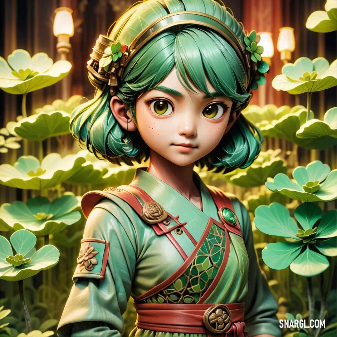 Cartoon girl with green hair and a green dress standing in front of a pond of flowers and plants