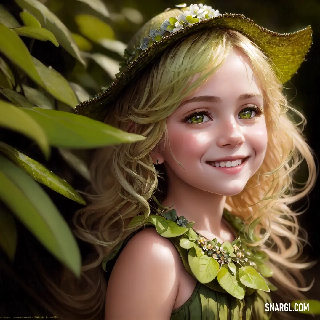 Digital painting of a little girl wearing a green dress and a hat with flowers on it's head. Color #748500.