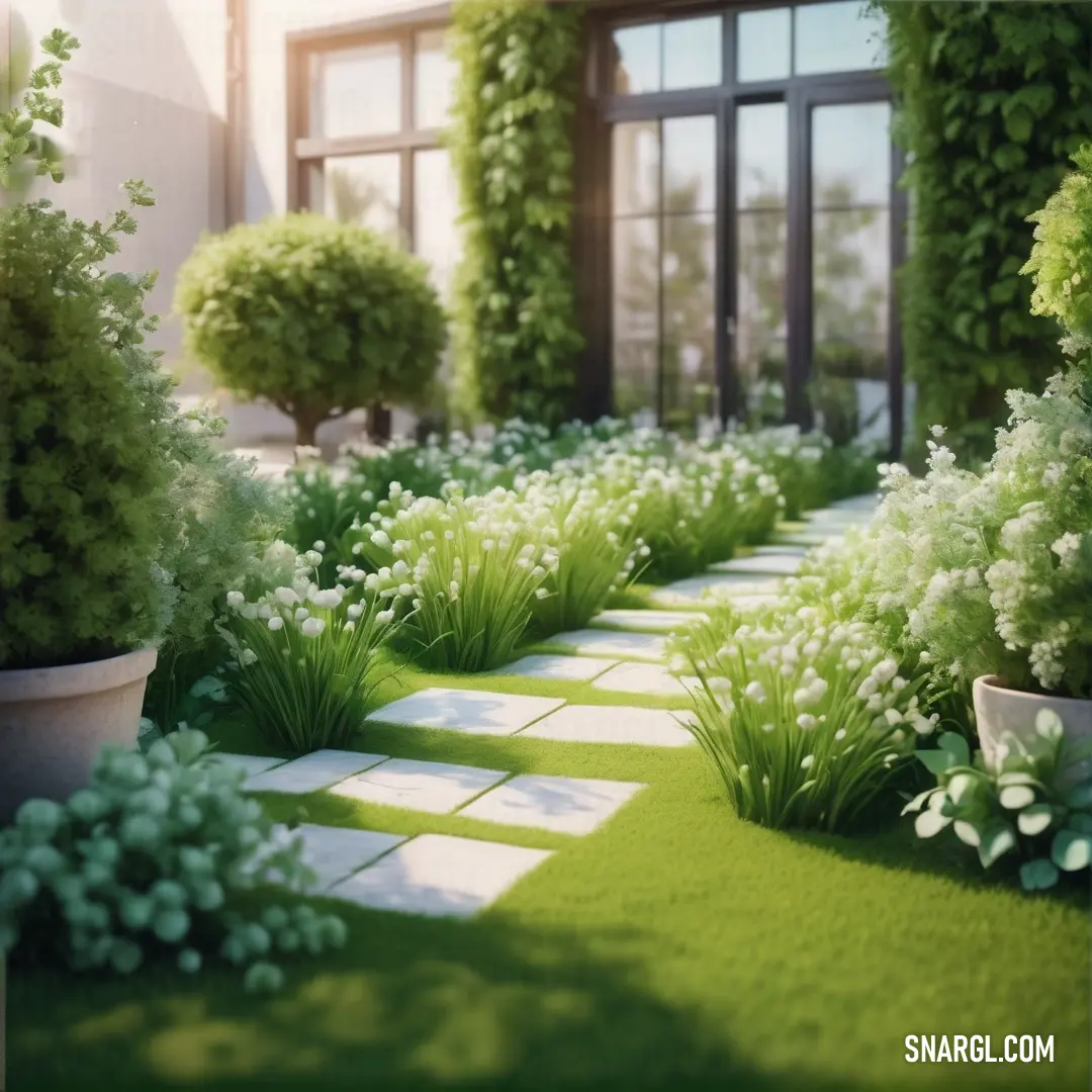 Swamp green color. Garden with a walkway and a lot of plants and flowers in it and a large window in the background