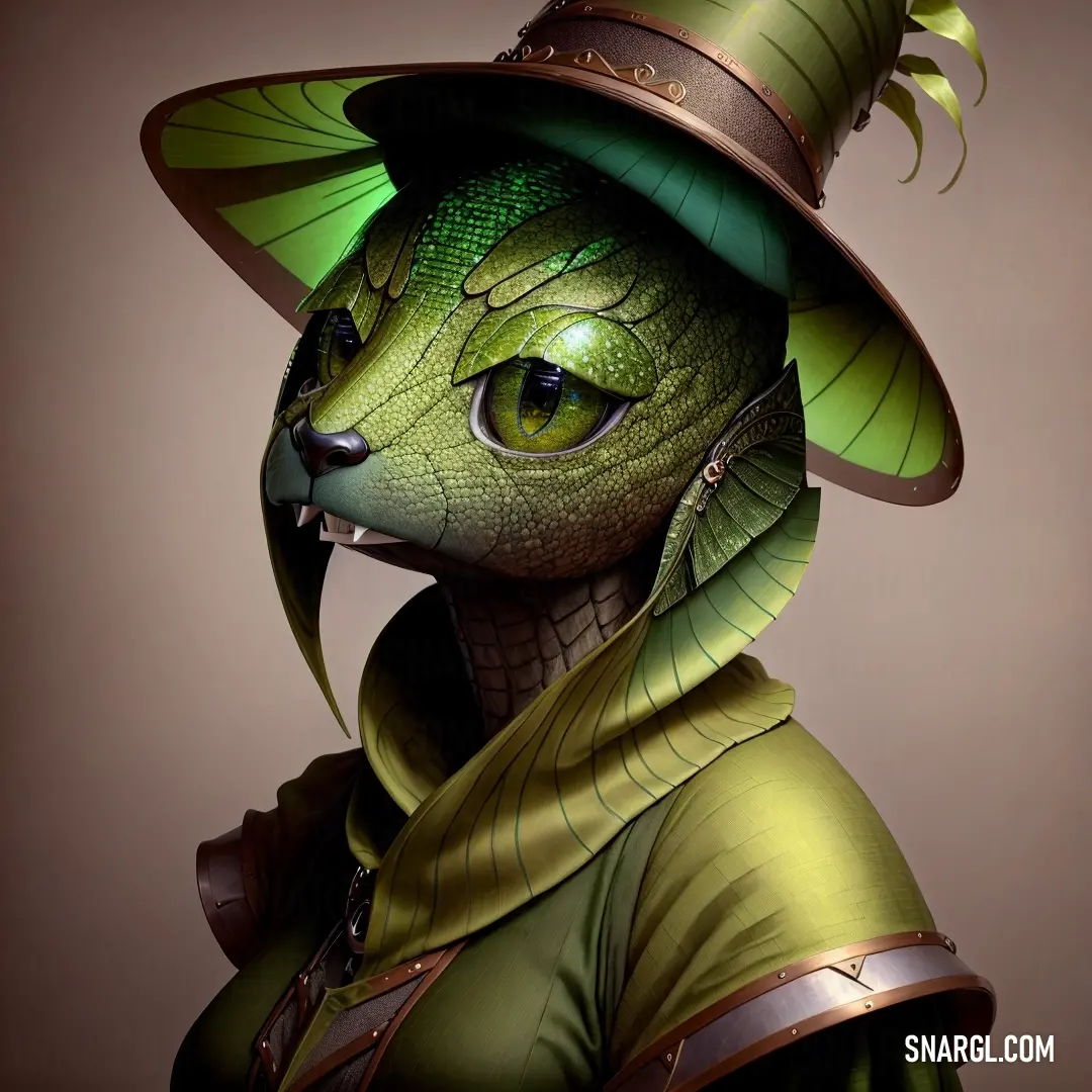 Green creature wearing a green hat and green coat with a green ribbon around its neck