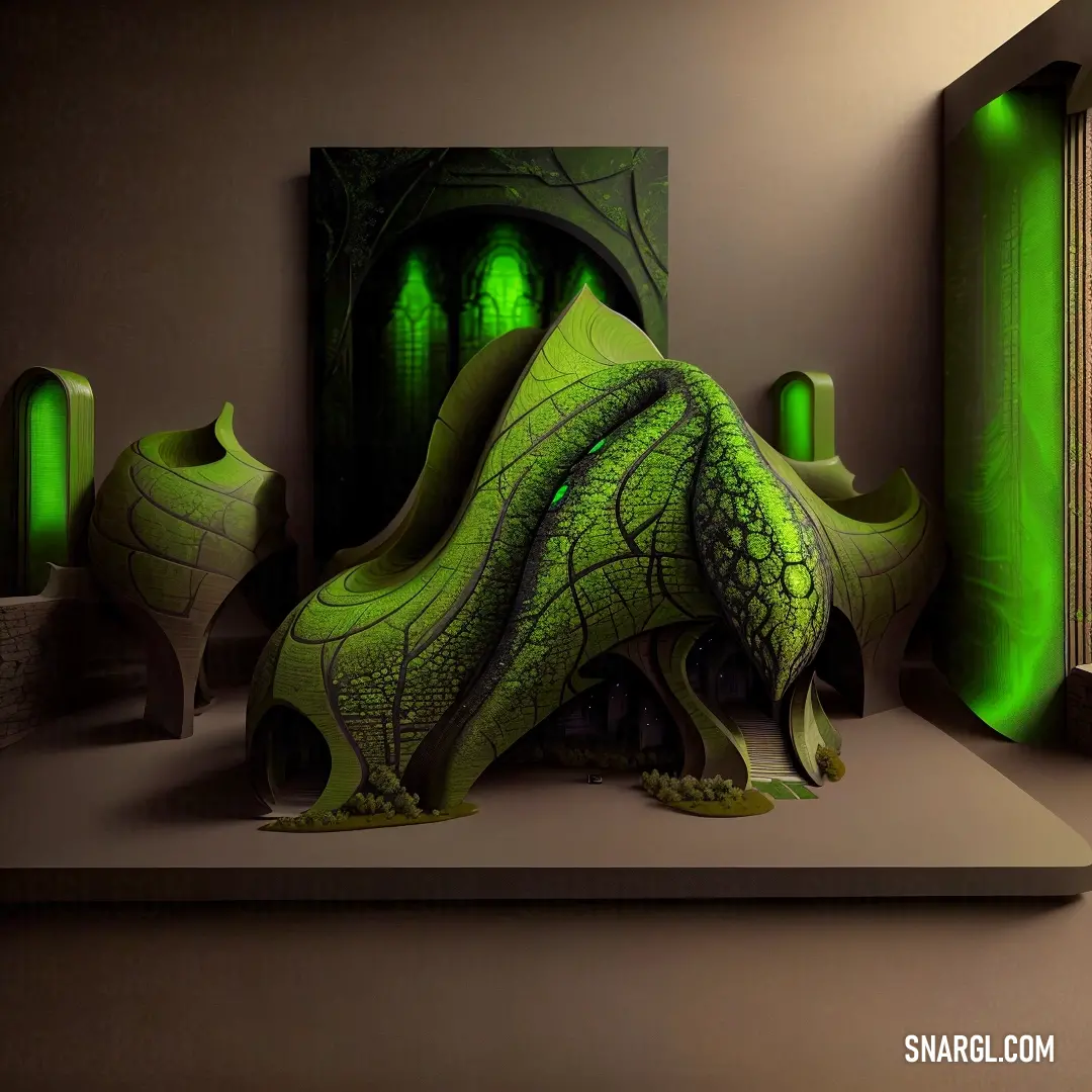 Green sculpture of a dragon with a green background and a green light behind it