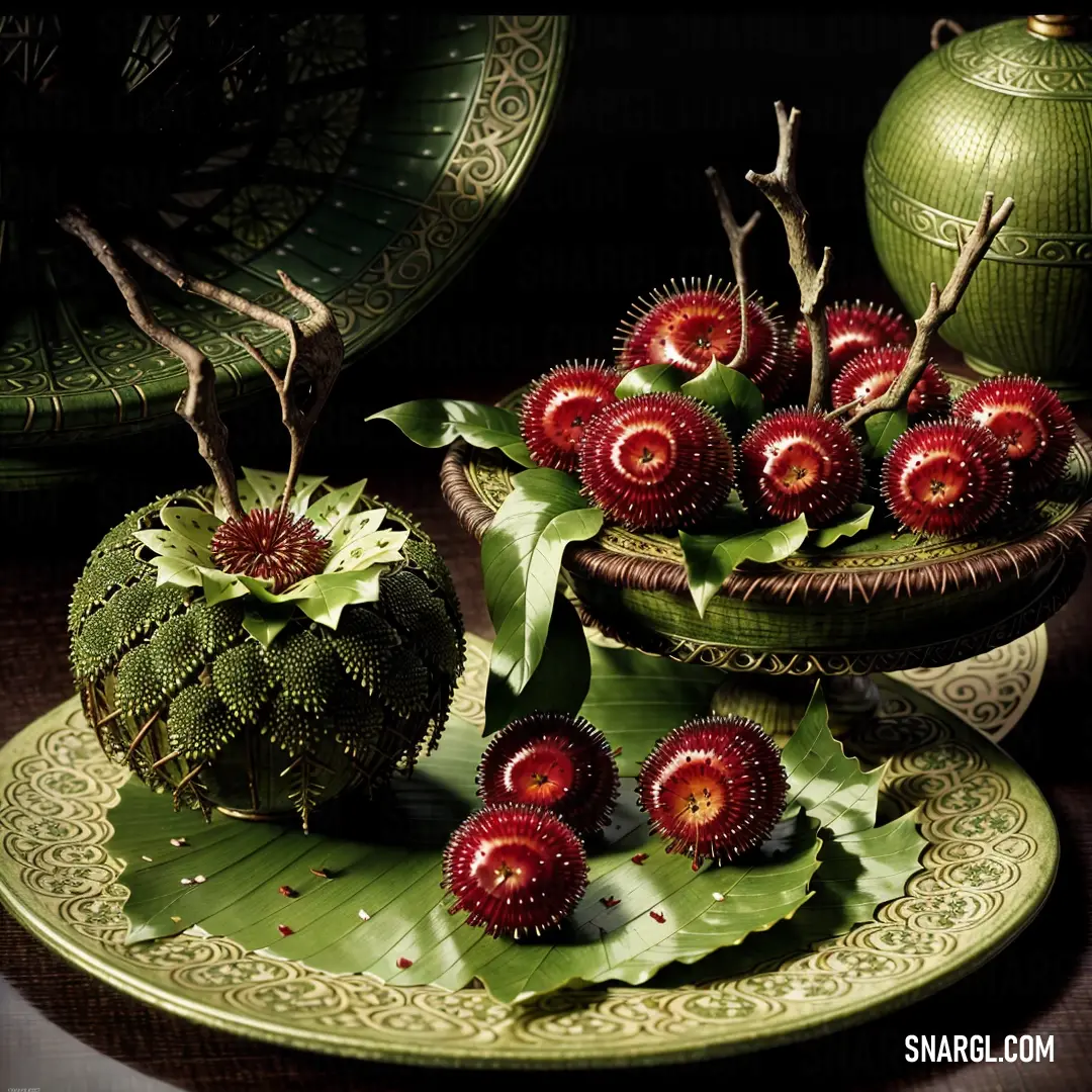 Group of fruits on top of a green plate on a table next to a vase