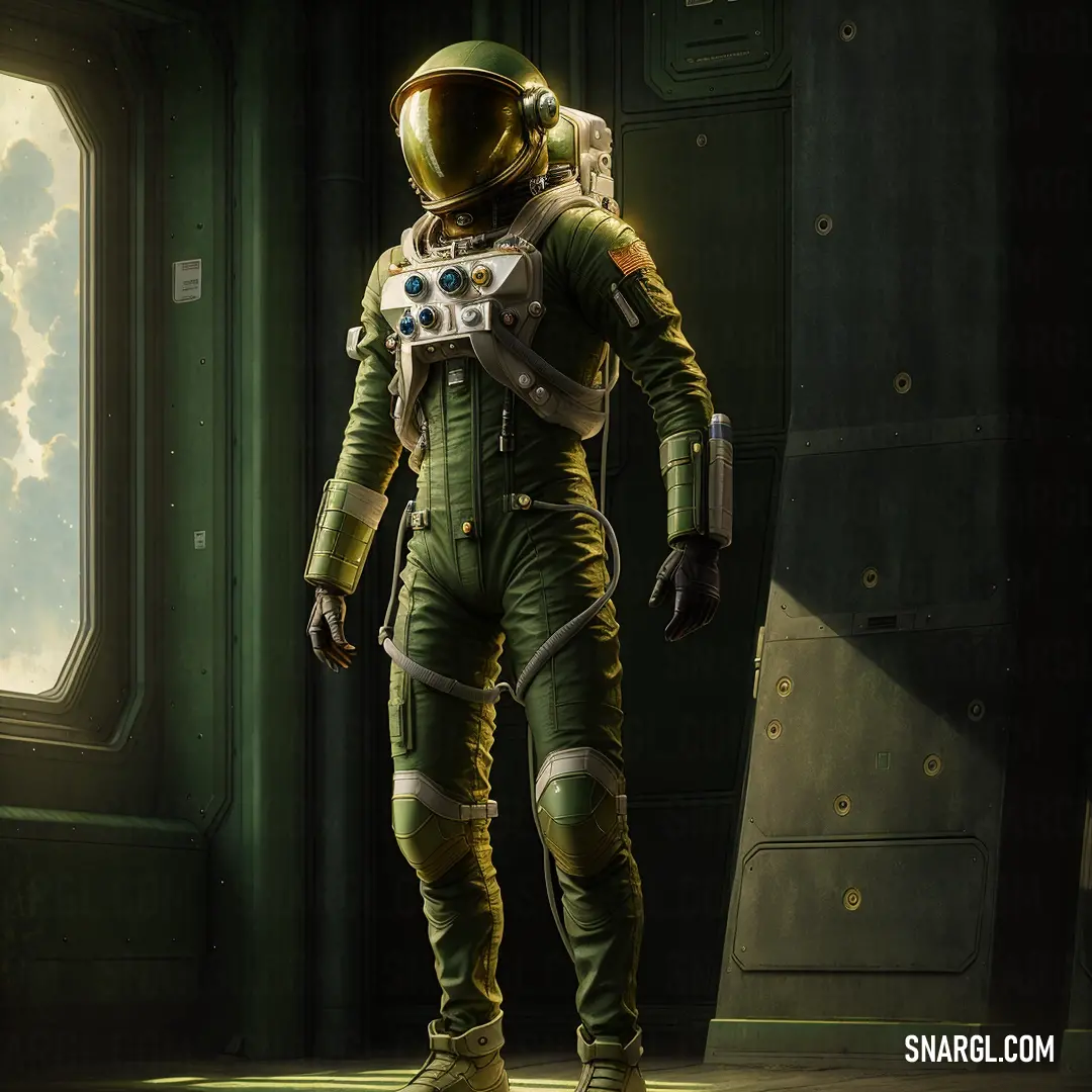 Man in a space suit standing in a doorway with a window in the background