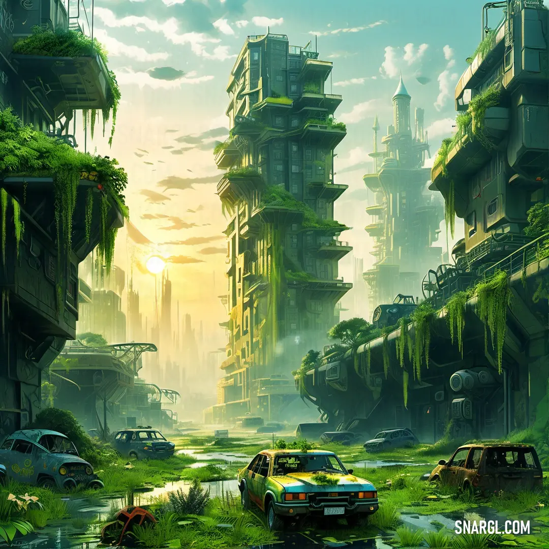 Painting of a futuristic city with a lot of cars parked in the lot