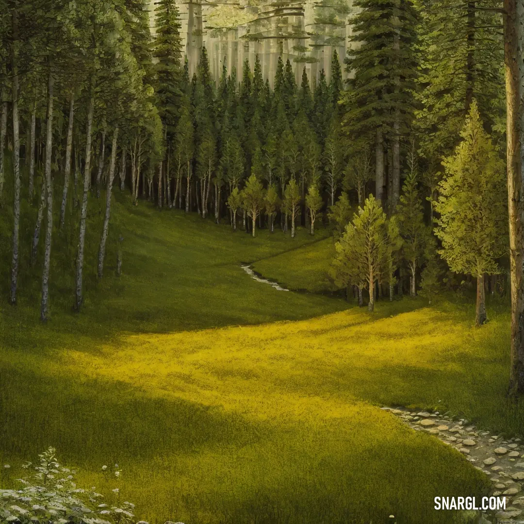 Painting of a path in a forest with trees and grass on the ground and a path leading to the woods. Color RGB 116,133,0.