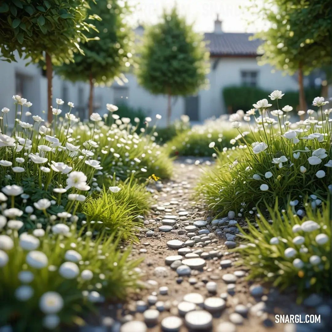 Path with white flowers and grass on the side of it. Color Swamp green.