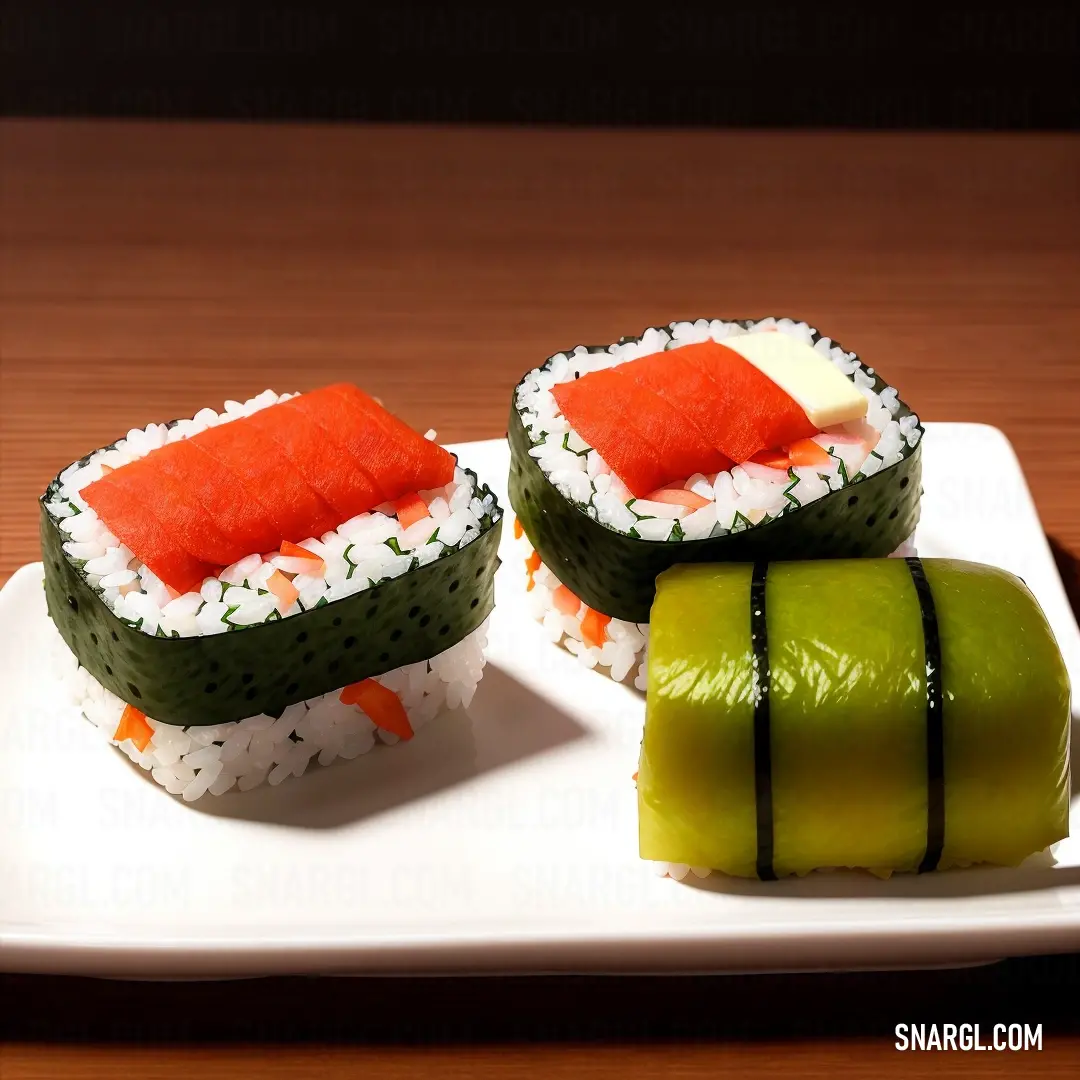 RGB 116,133,0 example: Plate of sushi with a green apple on the side