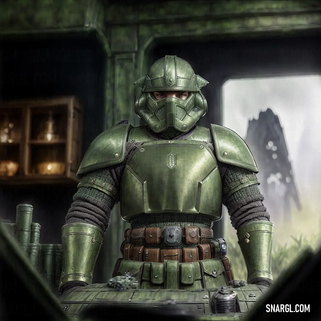 Star wars character in a green suit and helmet standing in a room with a window and a table