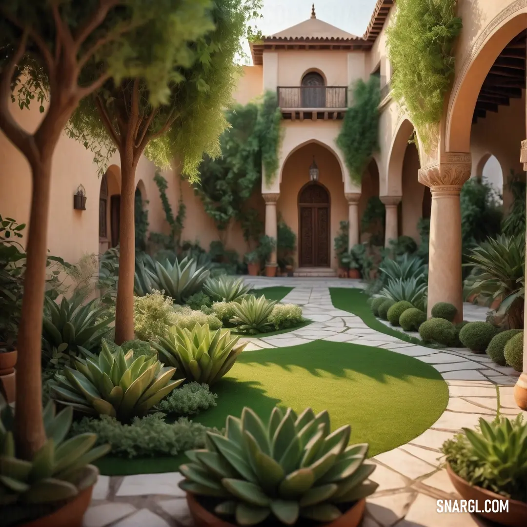 Courtyard with a lot of plants and trees in it and a building in the background. Example of #748500 color.