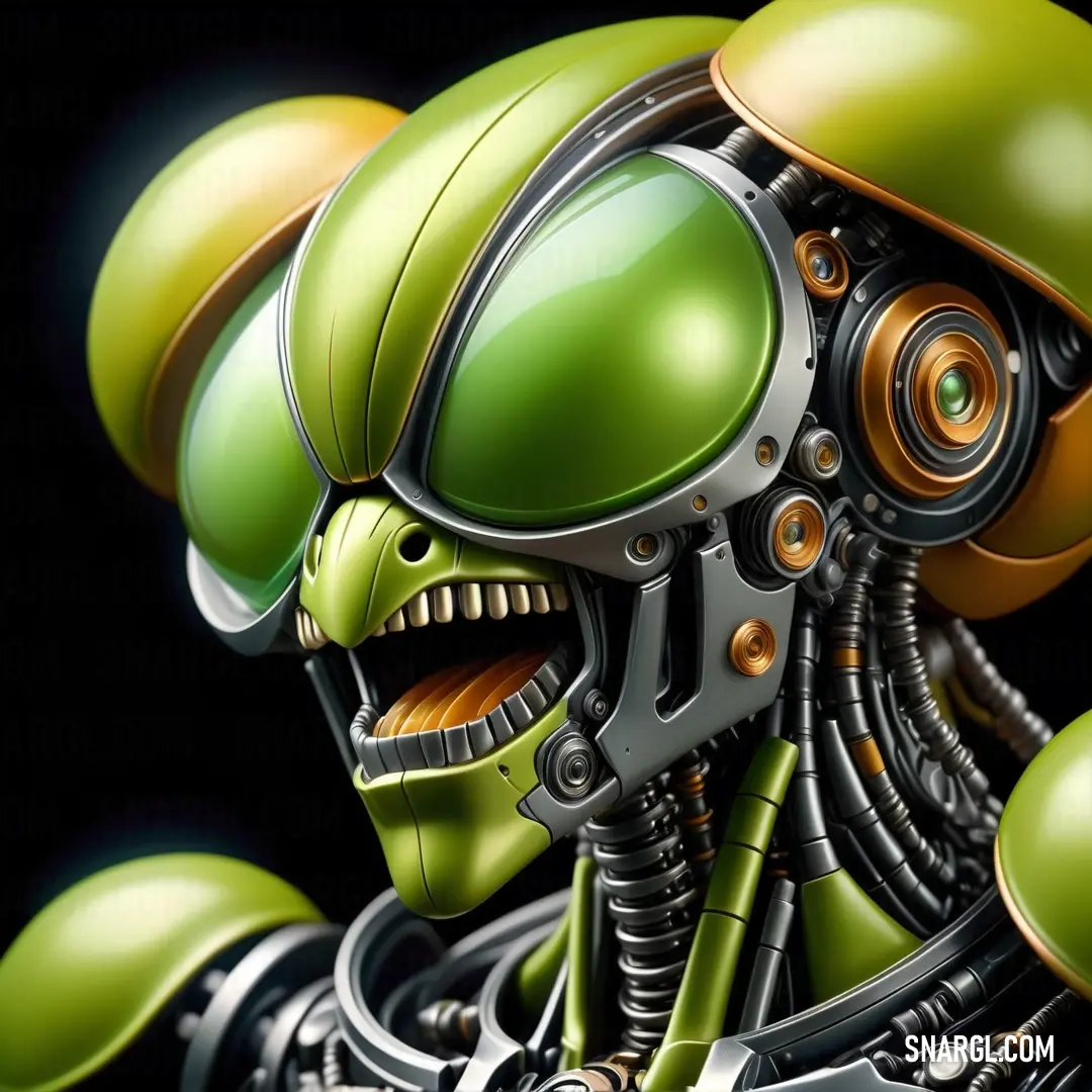 Green alien with a helmet and a sci - fi, Android Jones. Example of CMYK 13,0,100,48 color.