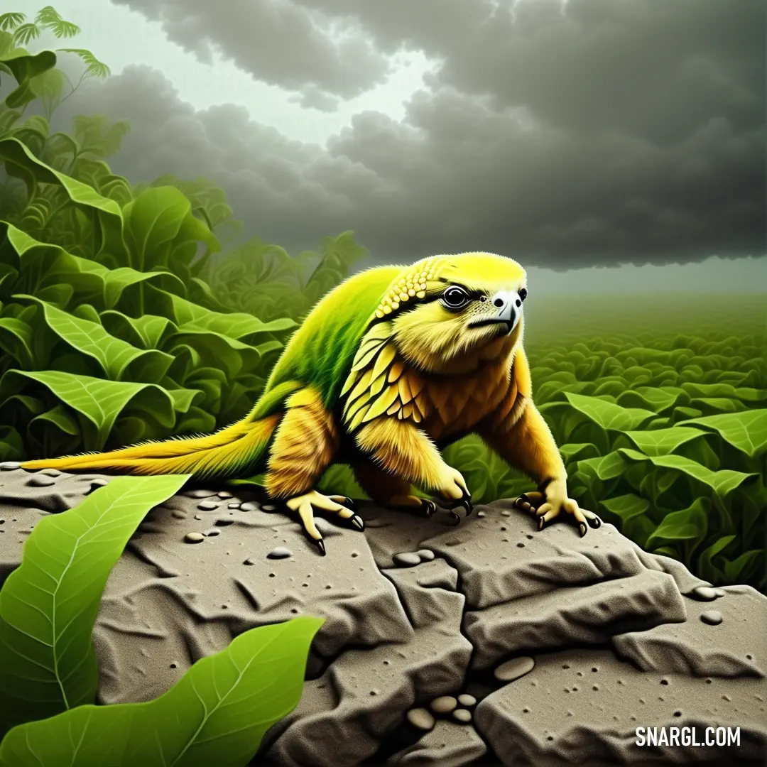 Green and yellow lizard on a rock in a field of plants and trees with a dark sky in the background. Color CMYK 13,0,100,48.