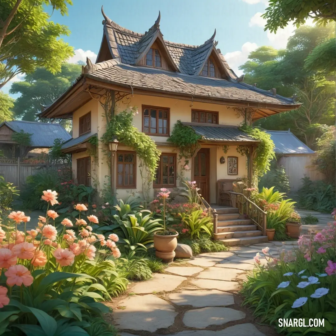 House with a garden of flowers and plants around it and a stone path leading to it and a stone walkway leading to the front door