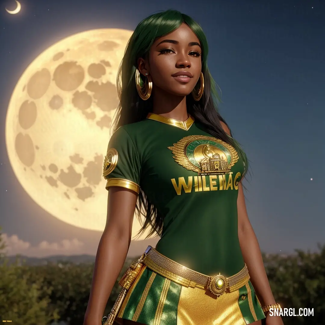 Woman in a green and gold uniform standing in front of a full moon