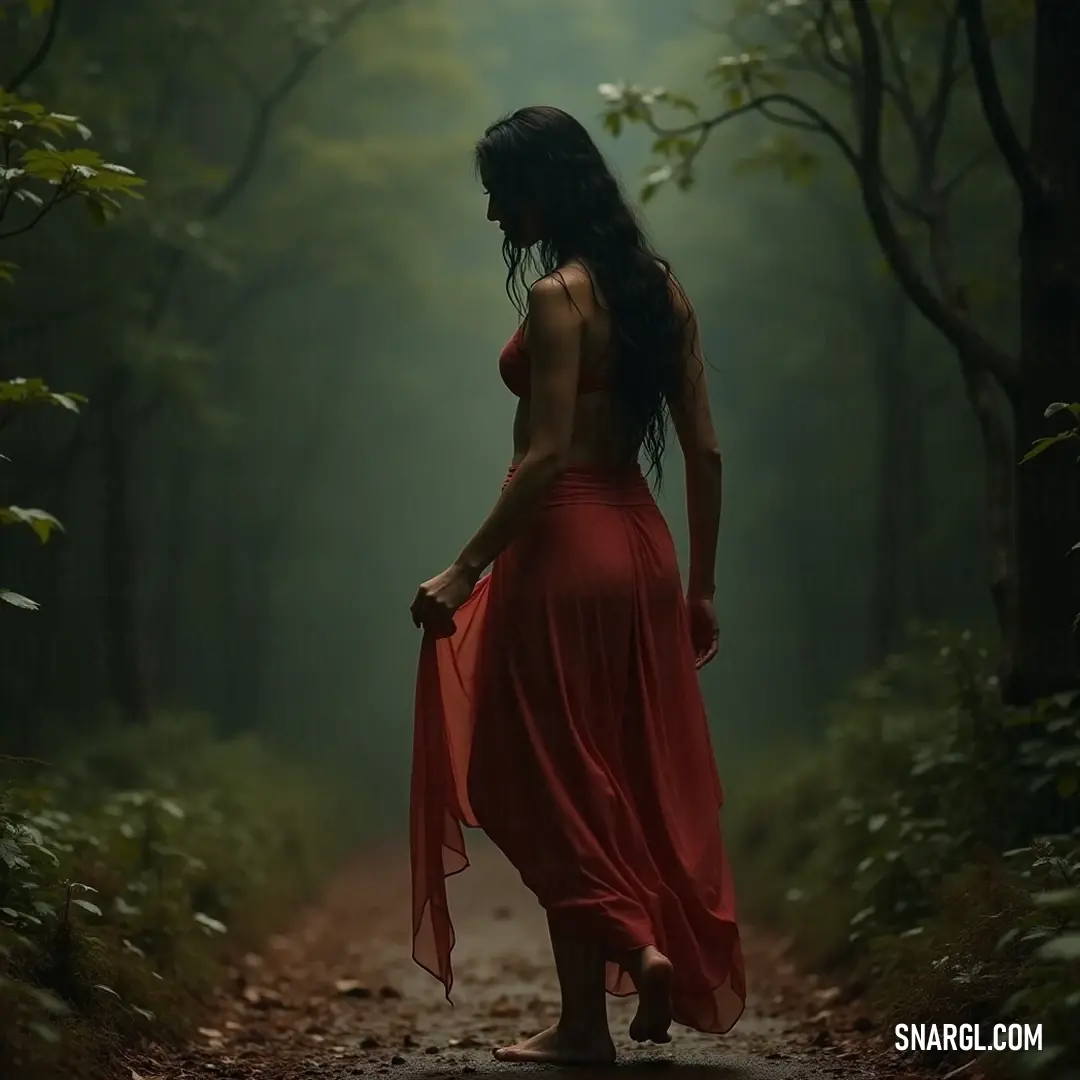 A woman in a flowing red dress walks gracefully along a serene forest path, her vibrant scarf fluttering gently in the breeze, surrounded by tall trees and dappled sunlight streaming through the leaves.
