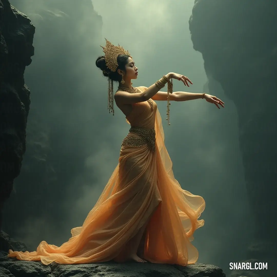 Radiant image of Swarnaprabha dancing gracefully on a rocky outcrop, her colorful yellow dress harmonizing beautifully with the grandeur of the mountain backdrop. Swarnaprabha dances joyfully on a rocky formation, her vibrant yellow dress flowing elegantly with the rhythm of her movements as majestic mountains rise in the background.