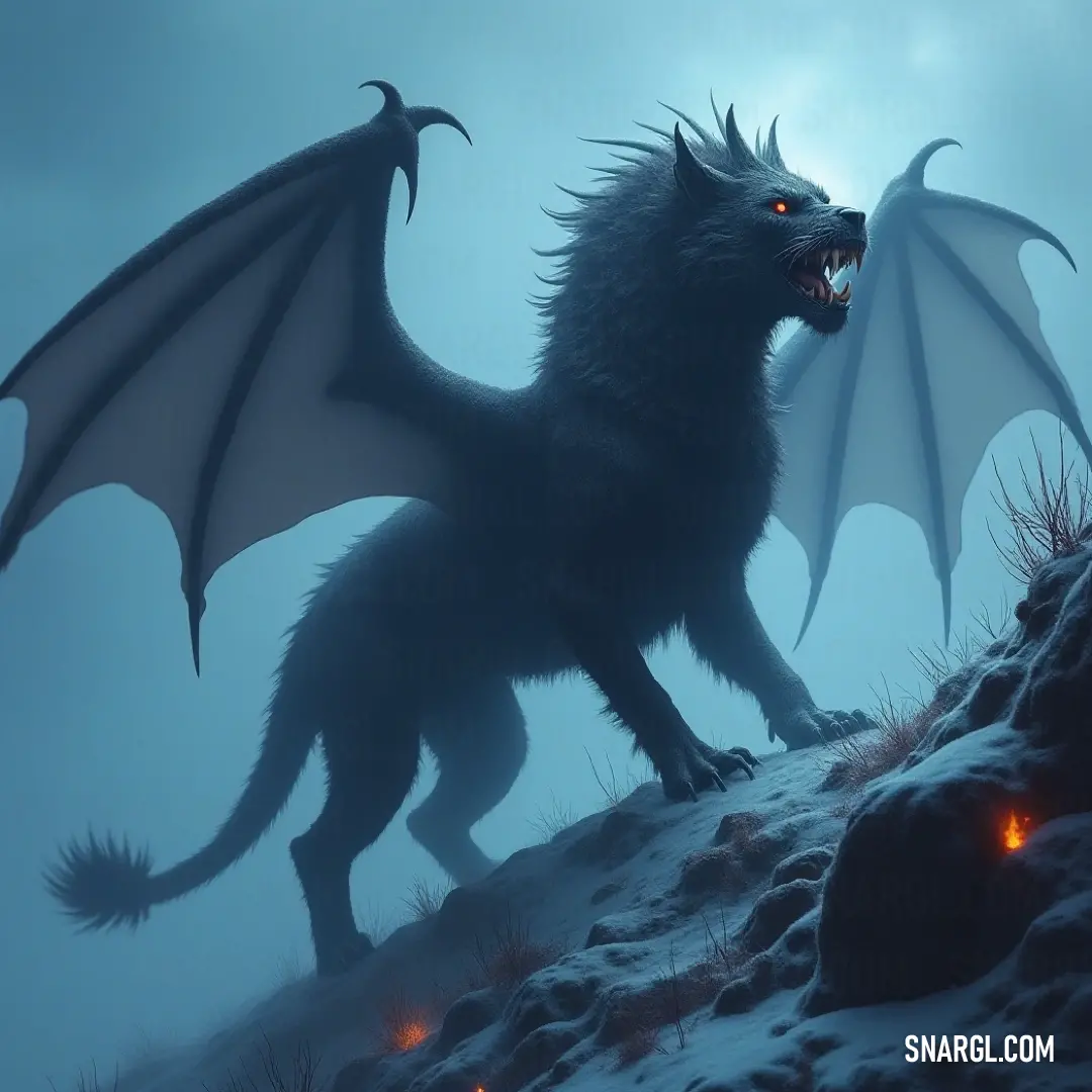 A mythical dragon with glowing eyes perches upon a snowy hill, casting a gaze at the imposing figure of a demon-like Swiftclaw Manticore lurking below, a scene steeped in fantasy and allure.