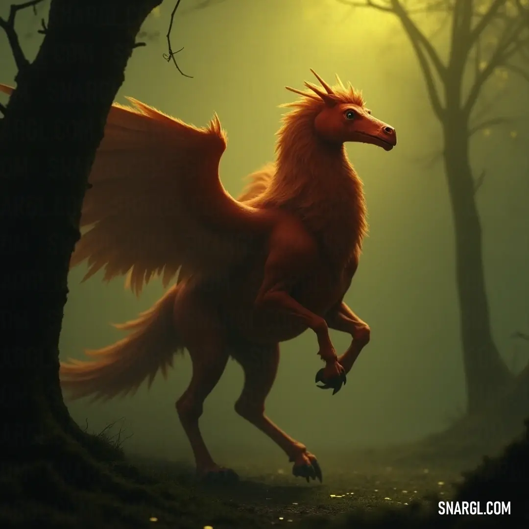 Emerging from the misty darkness of a forest at night, the Red Swiftstrike bolts forward, illuminated by the soft sunlight filtering through the trees, creating a breathtaking juxtaposition of shadows and light.