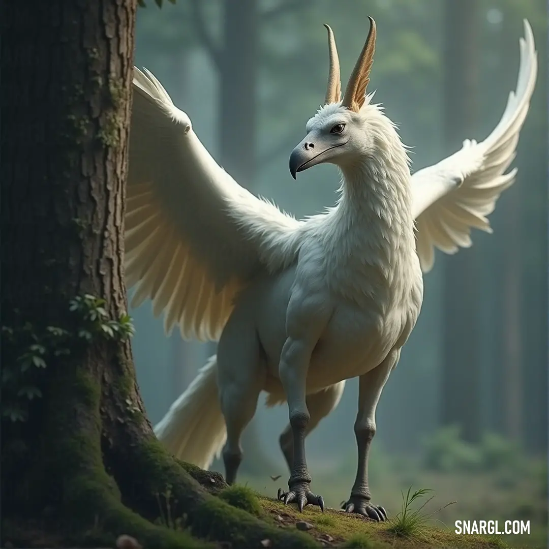 The graceful White Swiftstrike, wings stretched wide, stands beside a tree in a vibrant forest, surrounded by green grass and trees that create a peaceful, natural sanctuary. White Swiftstrike, with long wings outstretched, stands tall next to a tree in a lush green forest. The surrounding trees and grass add to the serene beauty of the scene.