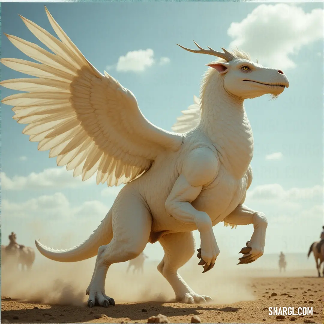 A White Swiftwing with outstretched wings stands tall on a desert plain, the golden sun highlighting its beauty, with distant figures adding perspective to the scene. A White Swiftwing spreads its wings in the vast expanse of a desert, its feathers glistening under the sun. In the distance, a small group of people are visible, adding scale to the magnificent creature.
