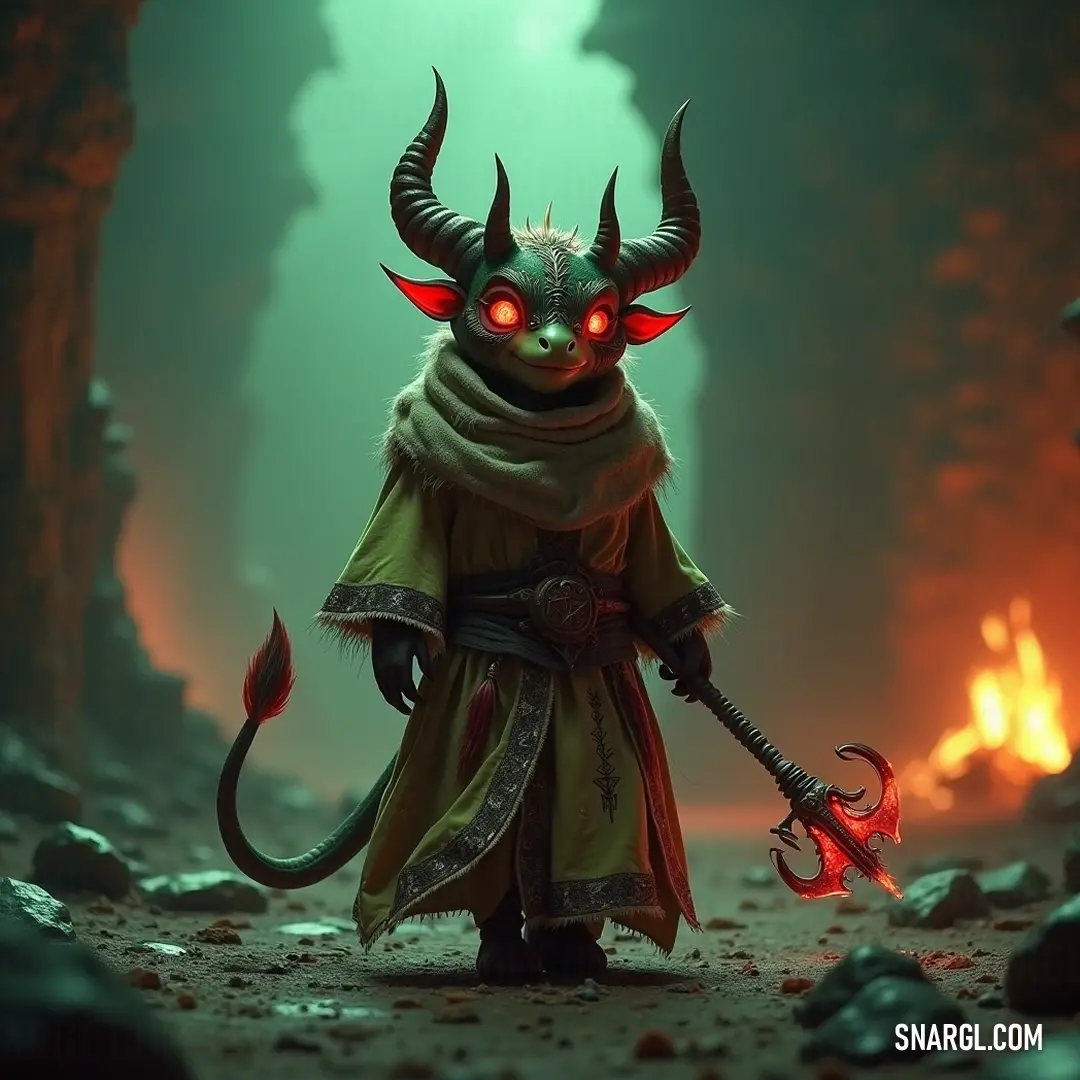 A creature in a cape holding a red object with glowing eyes. A formidable creature with prominent horns and a majestic cape grips a large crimson object, its glowing eyes revealing a fierce determination, set against a backdrop of swirling fog and a mysterious green light.