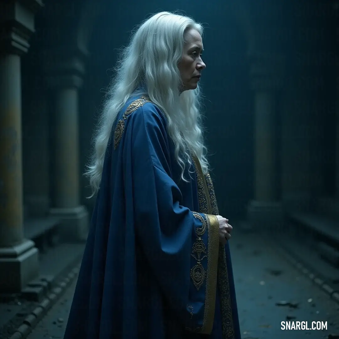 A woman with ethereal white hair draped in a rich blue cape poses in an ornate room filled with columns, a picture of grace and mystery amidst the shadows of history. In a dimly lit room adorned with ancient columns, a woman with white hair and a deep blue cape stands regally; the grandeur of the architecture enhances her mystical allure.
