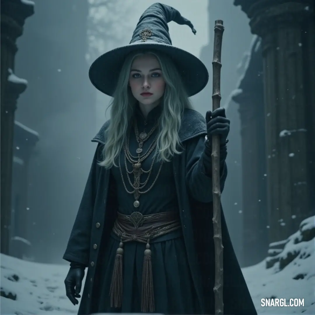 A powerful witch in a snowy forest, draped in a black coat and holding a glowing staff, casting her mystical presence over the land. A mysterious witch, dressed in a long black coat and towering hat, stands in a magical snowy forest, holding a glowing staff that illuminates the frost-covered trees around her.