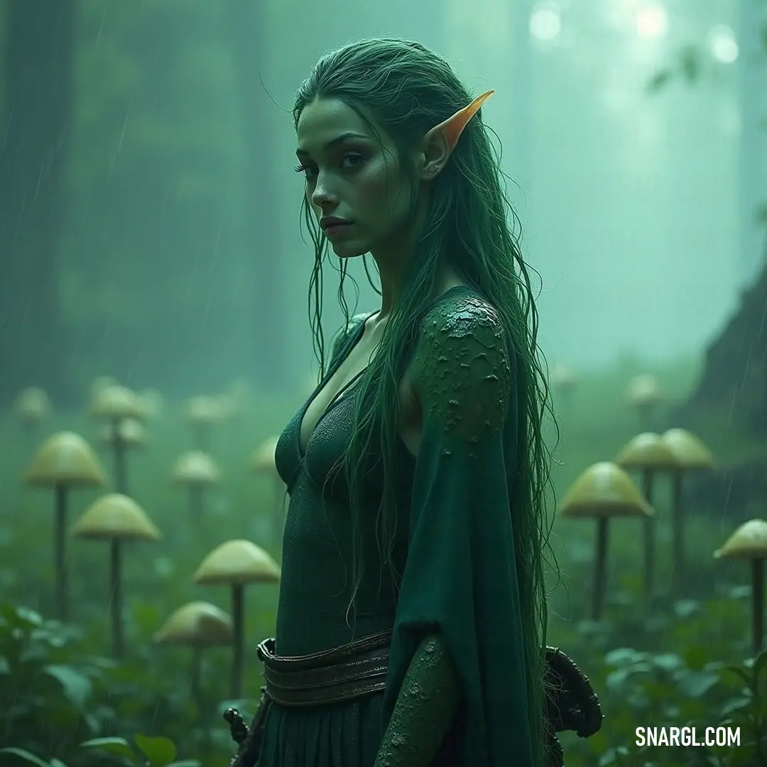 A mystical being with beautiful green hair exists in harmony with a vibrant forest, accompanied by whimsical mushrooms that bring magic to the natural world. A serene figure with flowing green hair is captured amidst a forest, draped in a vibrant dress while enchanting mushrooms create a whimsical ambiance, inviting exploration.
